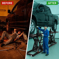 Car Lift, 7,000 Lbs. Capacity Portable Car Lift, 26.8 In. Max. Height, Carbon Steel Truck Lift with 120-Volt Power Unit — Before & After